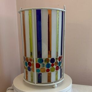 Pillar Candle Holder Colorful Stained Glass Wrought Iron